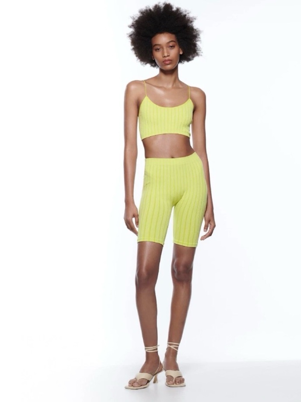 Zara Women's Ribbed Lime Green & Orange Gingham Bike Shorts - Pack